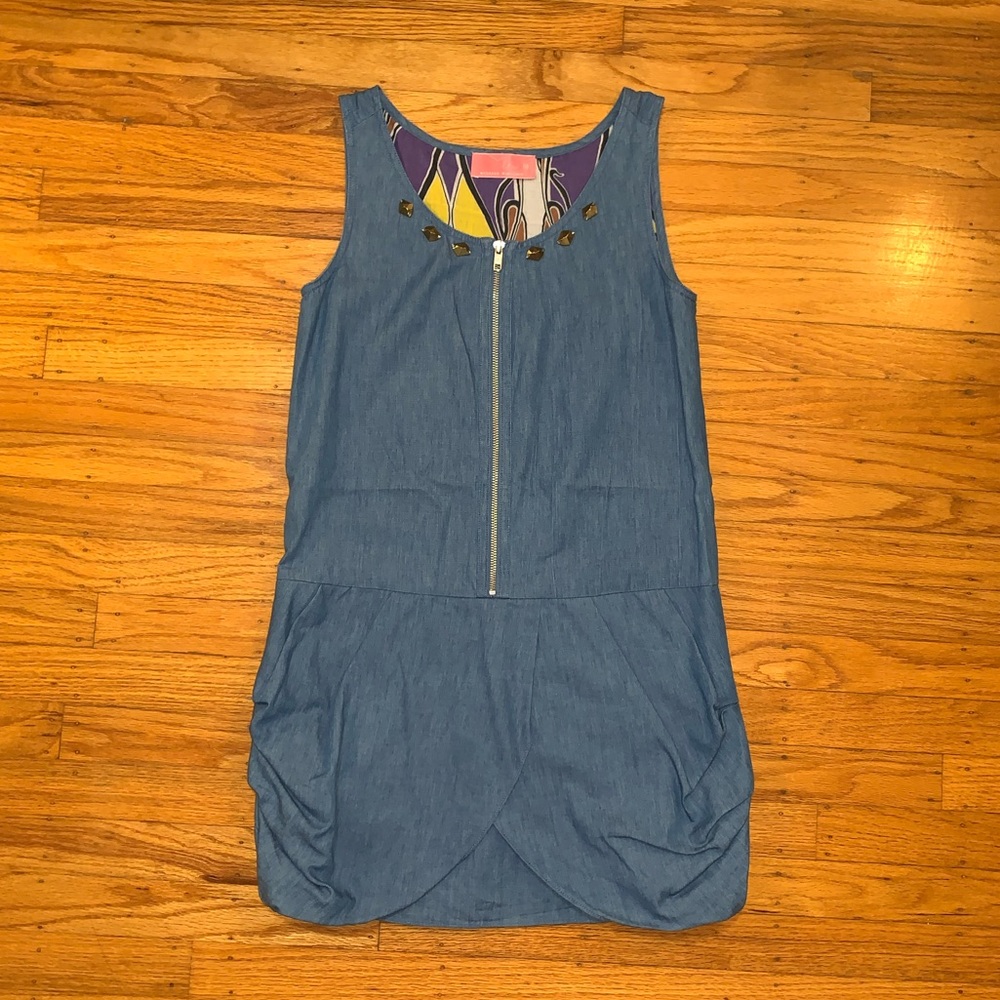 Denim dress with jewels at neckline